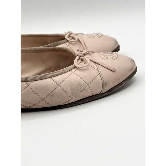 Chanel Ballet Flats Pink Quilted Leather w/ CC Logo Toe & Ribbon Sz EU 35.5 5.5 - Picture 8 of 15